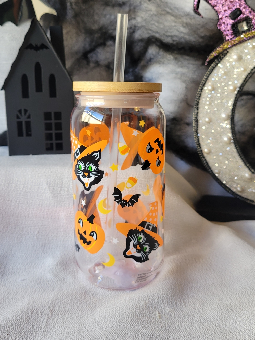 Halloween Cat & Pumpkin Acrylic Tumbler with Straw